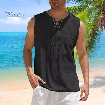 Мужской жилет с v-образным вырезом, повседневный топ без рукавов на шнуровке, однотонный свободный крой, пуловер с накладными карманами, топы, уличная одежда M темно-серого