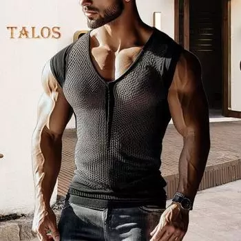 Мужской жилет с V-образным вырезом, широкими бретелями, без рукавов, прозрачный сетчатый топ, однотонный, дышащий, эластичный, на бретельках S чёрный
