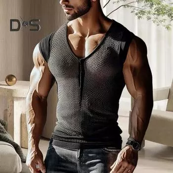 Мужской жилет с V-образным вырезом, широкими бретелями, без рукавов, прозрачный сетчатый топ, однотонный, дышащий, эластичный, на бретельках S чёрный