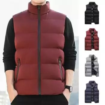 Мужской жилет с воротником-стойкой, без рукавов, застежка-молния, жилет, пальто с карманами, однотонный, утолщенный L чёрный