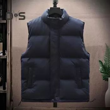 Мужской жилет с воротником-стойкой, без рукавов, застежкой-молнией, хлопковый жилет, пальто с боковыми карманами, однотонный утолщенный теплый стеганый жилет, куртка M темно-синий
