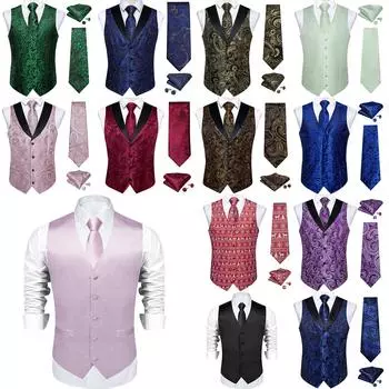 Мужской жилет, шелковый жилет, черно-красное платье со снежинками, галстук, носовой платок, набор запонок 2XL