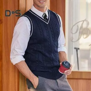 Мужской жилет, свитер с V-образным вырезом, без рукавов, облегающий вязаный пуловер с цветными блоками, облегающий свитер средней длины, утолщенный, в деловом и чопорном стиле M серый