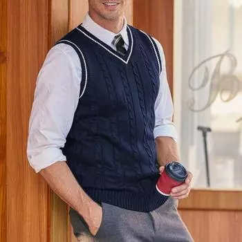 Мужской жилет, свитер с V-образным вырезом, без рукавов, облегающий вязаный пуловер с цветными блоками, облегающий свитер средней длины, утолщенный, в деловом и чопорном стиле M темно-синий