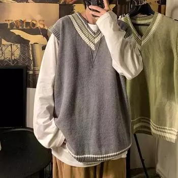 Мужской жилет, свитер с V-образным вырезом, без рукавов, свободный, цветной, вязаный, пуловер, средней длины, утолщенный, в деловом и чопорном стиле M белый