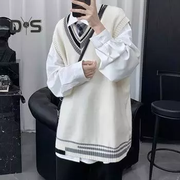 Мужской жилет, свитер с V-образным вырезом, без рукавов, свободный, цветной, вязаный, пуловер, средней длины, утолщенный, в деловом и чопорном стиле XXL зелёный