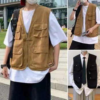Мужской жилет свободного покроя без рукавов с V-образным вырезом и несколькими карманами на молнии, верхняя одежда, однотонный спортивный мужской жилет на открытом воздухе, пальто для повседневной носки L хаки