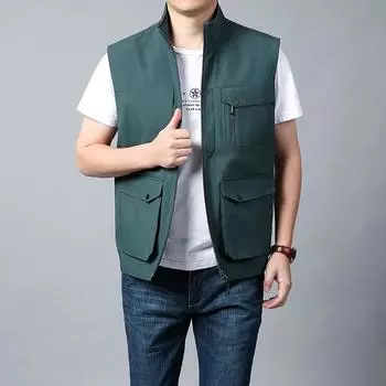 Мужской жилет Тонкий безрукавный жилет с воротником-стойкой, многокарманный, быстросохнущий, жилет большого размера M чёрный