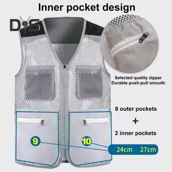 Мужской жилет, уличный жилет, 10 карманов, полая сетка, дышащий жилет без рукавов на молнии с v-образным вырезом, жилет унисекс для рыбалки и кемпинга 3XL армия зеленый