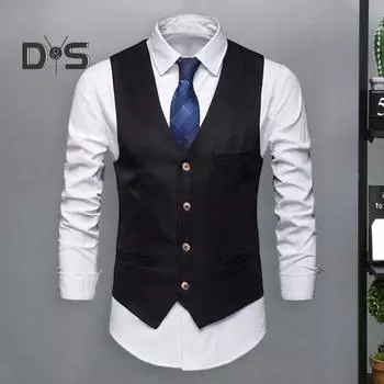 Мужской жилет в деловом стиле без рукавов с V-образным вырезом, облегающий кардиган, однобортный, однотонный, из шелковистой ткани, с карманами, свадебный жилет для жениха XL чёрный