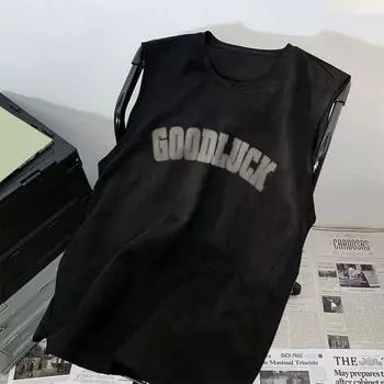 Мужской жилет в стиле ретро с круглым вырезом без рукавов, спортивный жилет с буквенным принтом, уличный стиль, замшевая летняя футболка с широкими бретельками M чёрный
