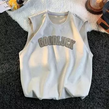 Мужской жилет в стиле ретро с круглым вырезом без рукавов и принтом в спортивном стиле, жилет в уличном стиле с широкими бретелями, замшевая футболка M чёрный