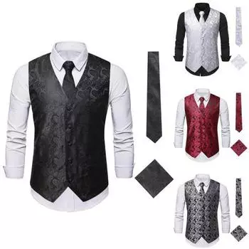 Мужской жилетный костюм с принтом, без рукавов, с V-образным вырезом, однобортный, с галстуком-бабочкой, нагрудный платок, облегающий ретро-жилет для жениха, свадебное выступление, клубный диско-жилет S