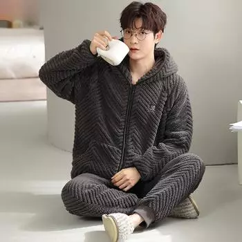 Мужской зимний фланелевый утепленный флисовый комплект домашней одежды в Корейском стиле с капюшоном, осенне-зимняя пижама из кораллового флиса L