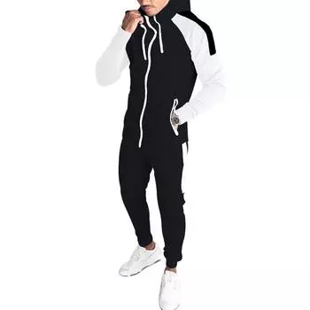Мужской зимний кардиган контрастного цвета с капюшоном, комплекты мужской повседневной спортивной одежды, костюм с длинными брюками M чёрный