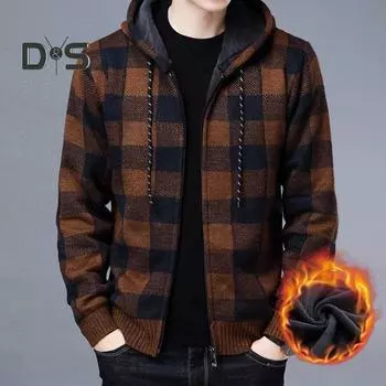 Мужской зимний кардиган с контрастным клетчатым принтом, капюшоном, завязками на шнурке, средней длины, утолщенная трикотажная куртка с длинными рукавами, застежка-молния M жёлтый