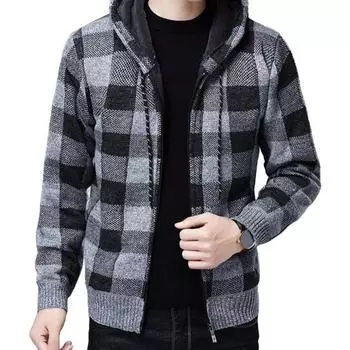 Мужской зимний кардиган с контрастным клетчатым принтом, капюшоном, завязками на шнурке, средней длины, утолщенная трикотажная куртка с длинными рукавами, застежка-молния M жёлтый