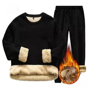 Мужской зимний комплект из 2 предметов: теплая куртка с круглым вырезом и длинными рукавами и длинные термоштаны большого размера 5XL чёрный