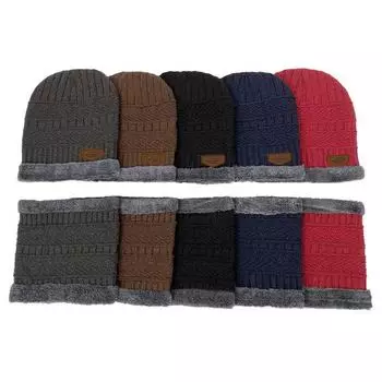 Мужской зимний комплект из шапки и шейного платка: Теплые, плюшевые, утолщенные вязаные шерстяные шапки с повязкой на голову. One size чёрный
