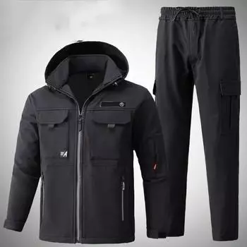 Мужской зимний костюм с несколькими карманами, утепленный, большого размера, мягкая куртка + водонепроницаемые теплые брюки, комплект из 2 предметов 4XL