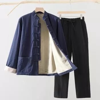 Мужской зимний костюм в этническом стиле, китайский ретро-костюм ханбок, теплый топ + теплые штаны, комплект из 2 предметов 4XL