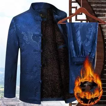 Мужской зимний костюм в этническом стиле, китайский ретро-ханбок, теплый топ + теплые штаны, 2 комплекта 3XL