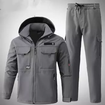 Мужской зимний многокарманный утепленный костюм для снега, спортивный рабочий костюм больших размеров, куртка из мягкой ткани + водонепроницаемые теплые брюки, комплект из двух предметов 4XL