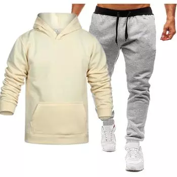 Мужской зимний однотонный худи с капюшоном на кулиске и спортивные штаны L бежевый