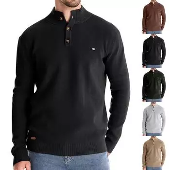 Мужской зимний однотонный свитер с воротником-стойкой и пуговицами, облегающий, с длинным рукавом, повседневный L чёрный