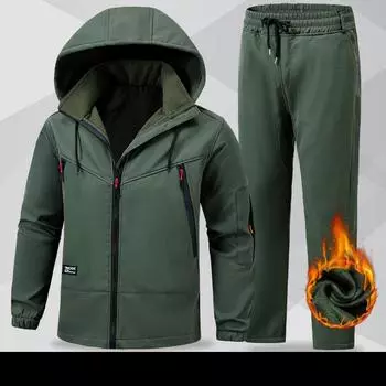 Мужской зимний однотонный теплый костюм с утеплителем больших размеров, спортивный рабочий костюм, куртка из мягкой ткани + водонепроницаемые теплые брюки, комплект из 2 предметов 4XL