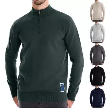 Мужской зимний однотонный трикотажный топ с воротником-стойкой и полумолнией, облегающий покрой, с длинным рукавом L бежевый