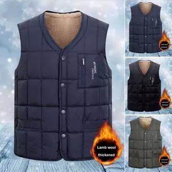 Мужской зимний осенний жилет с подкладкой, толстый свободный жилет с V-образным вырезом, однобортные карманы, без рукавов, ветрозащитный, теплый плюшевый жилет для отца-кардигана 3XL чёрный
