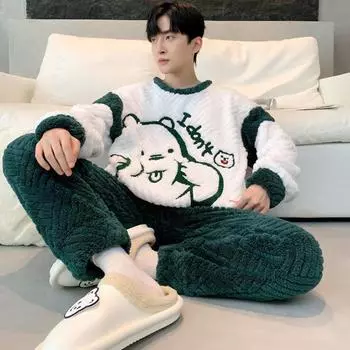 Мужской зимний пижамный комплект из утепленной фланели, теплая плюшевая пижама с рисунком медведя из мультфильма, удобная пижама с круглым вырезом для сна L