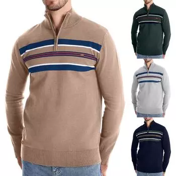 Мужской зимний повседневный полосатый трикотажный топ с воротником-стойкой и полумолнией, облегающий покрой, с длинным рукавом XXL хаки