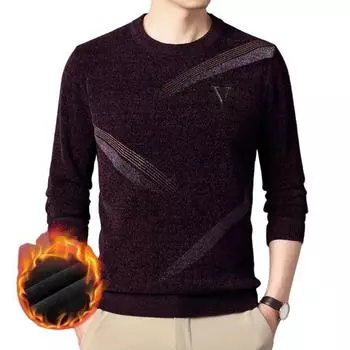 Мужской зимний приталенный пуловер, свитер с круглым вырезом и длинными рукавами, ребристая отделка, утолщенная плюшевая подкладка, вязаные топы, мужская одежда, уличная одежда M красный