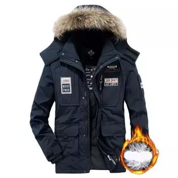 Мужской зимний пуховик, утепленная теплая куртка с большим меховым воротником M