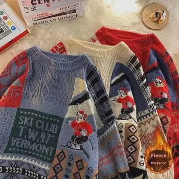 Мужской зимний ретро-свитер с вышитым медведем: Свободный, теплый, вязаный дизайн из бархата для пар M