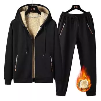 Мужской зимний шерстяной спортивный костюм, утолщенная флисовая подкладка, куртка, повседневная модная струящаяся одежда, брюки, мужской комплект XXXXXL чёрный
