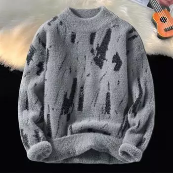 Мужской зимний свитер контрастного цвета с граффити, толстый плюшевый, полувысокий воротник, эластичный трикотаж, длинные рукава, повседневная одежда, для школы и свиданий, свитер M бежевый
