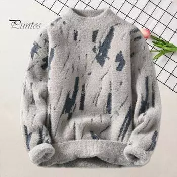 Мужской зимний свитер контрастного цвета с граффити, толстый плюш, полувысокий воротник, эластичный трикотаж, длинные рукава, повседневная одежда, свитер для школы и свиданий L серый