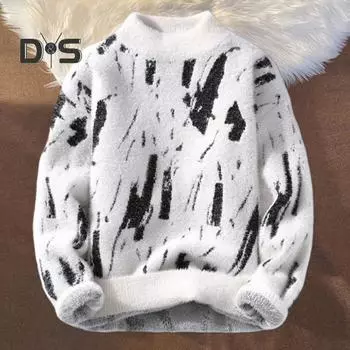 Мужской зимний свитер контрастного цвета с граффити, толстый плюш, полувысокий воротник, эластичный трикотаж, длинные рукава, повседневная одежда, свитер для школы и свиданий L серый