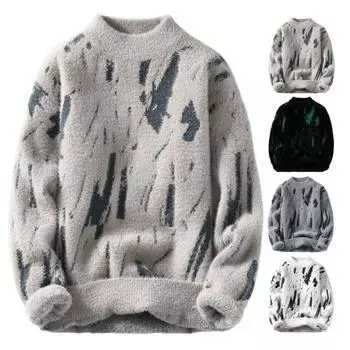Мужской зимний свитер контрастного цвета с граффити, толстый плюш, полувысокий воротник, эластичная вязка XL бежевый