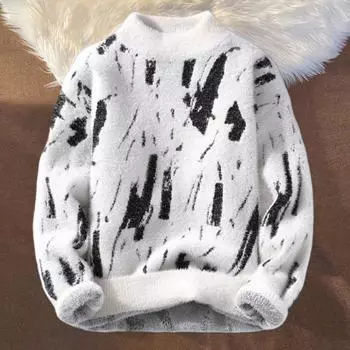 Мужской зимний свитер контрастного цвета с граффити, толстый плюш, полувысокий воротник, эластичный трикотаж, длинные рукава, повседневная одежда, свитер для школы и свиданий XXL белый