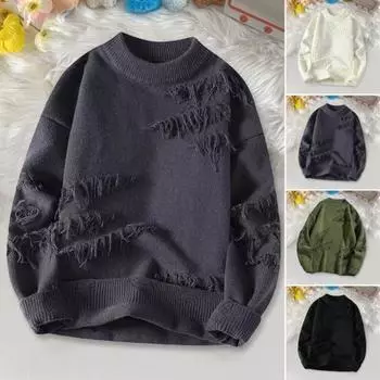 Мужской зимний свитер нерегулярный рваный дизайн круглый вырез трикотажный свободный длинный рукав M зелёный