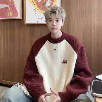 Мужской зимний свитер с регланами в европейском ретро-стиле крупной вязки – в японском студенческом стиле, свободного размера. L чёрный/абрикосовый