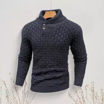 Мужской зимний свитер с защитой шеи, высоким воротником и длинными рукавами, трикотажный, толстый, эластичный M темно-синий