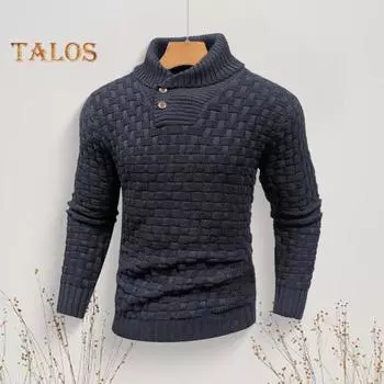 Мужской зимний свитер с защитой шеи, высоким воротником и длинными рукавами, трикотажный толстый эластичный облегающий однотонный свитер для повседневной носки, школьных занятий спортом M темно-синий
