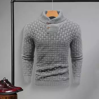 Мужской зимний свитер с защитой шеи, высоким воротником и длинными рукавами, трикотажный толстый эластичный облегающий однотонный свитер для повседневной носки, школьных занятий спортом M темно-синий