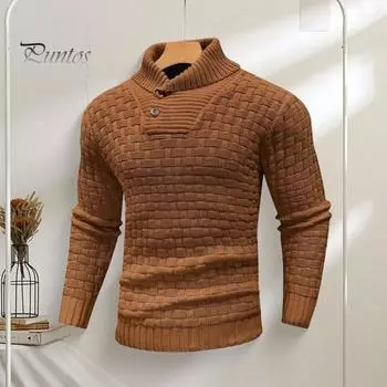 Мужской зимний свитер с защитой шеи, высоким воротником и длинными рукавами, трикотажный толстый эластичный облегающий однотонный свитер для повседневной носки, школьных занятий спортом M коричневый