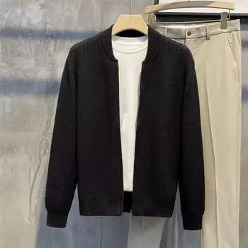 Мужской зимний теплый кардиган, вязаный сверху, длинный рукав, однотонный свитер, повседневный кардиган XS